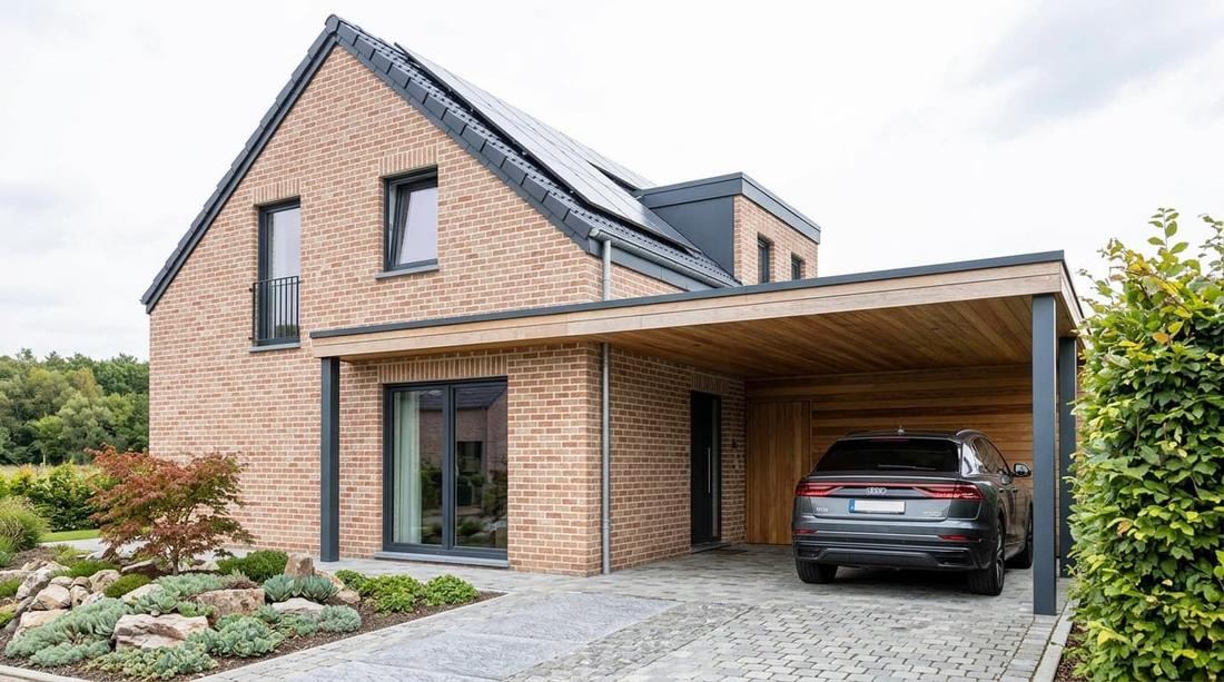 Carport bois adossé à toit plat contre une maison en brique