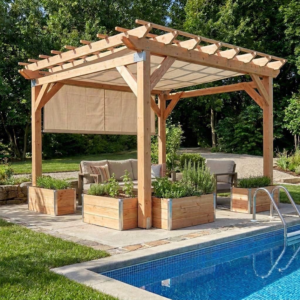 Pergola bois autoportante avec voilage au bord d'une piscine