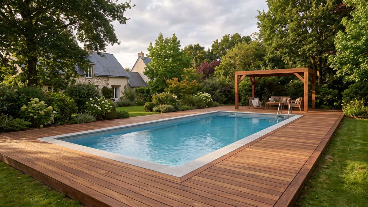 Terrasse en bois exotique encadrant une piscine rectangulaire, pergola bois assortie en arrière-plan
