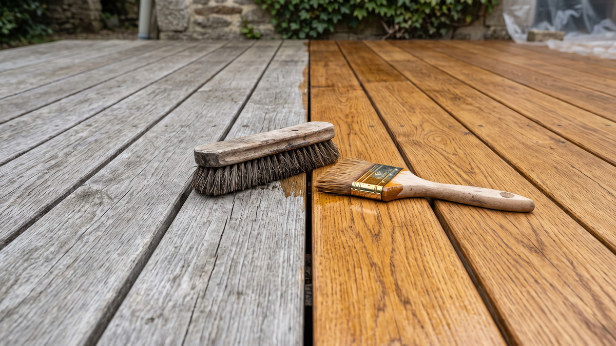Terrasse bois en cours de rénovation : une moitié des lames grisée par les UV, l'autre ravivée au saturateur, brosse et pinceau posés sur la limite