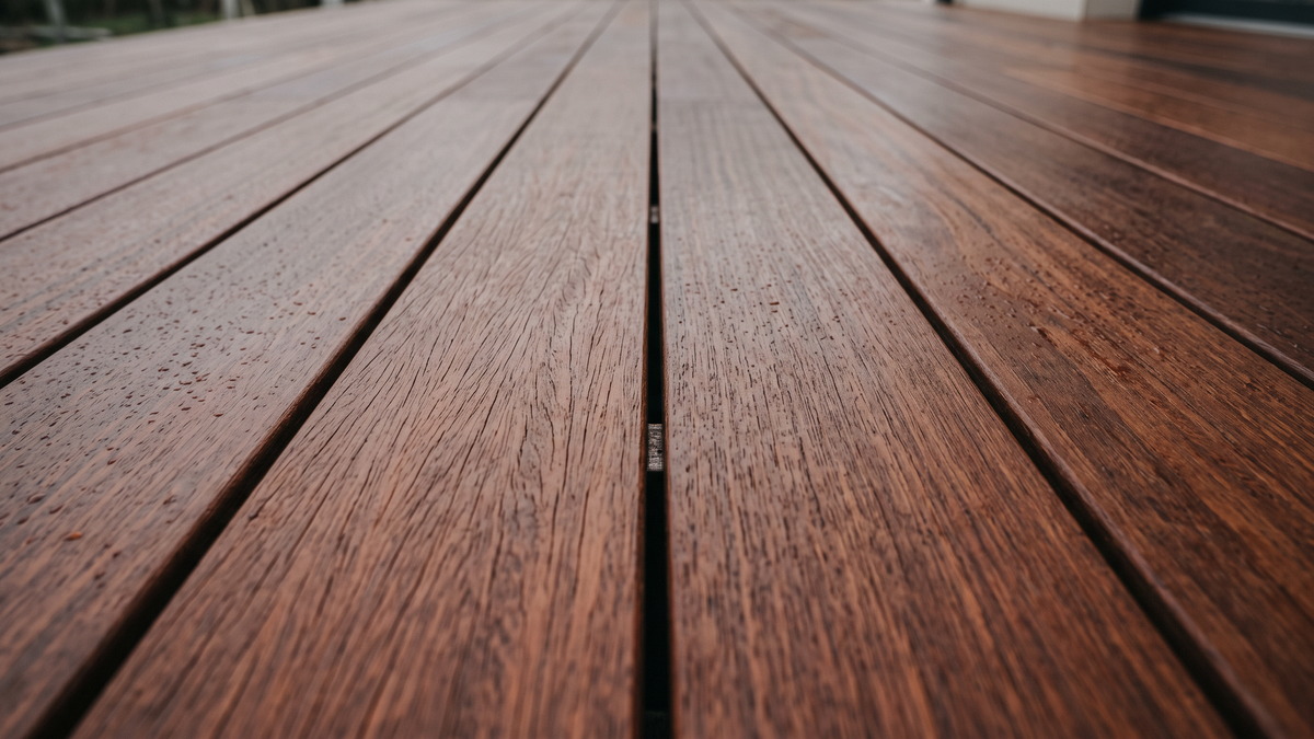 Lames de terrasse en bois exotique fraîchement huilées, vue rasante montrant des jeux de pose réguliers et aucune vis apparente